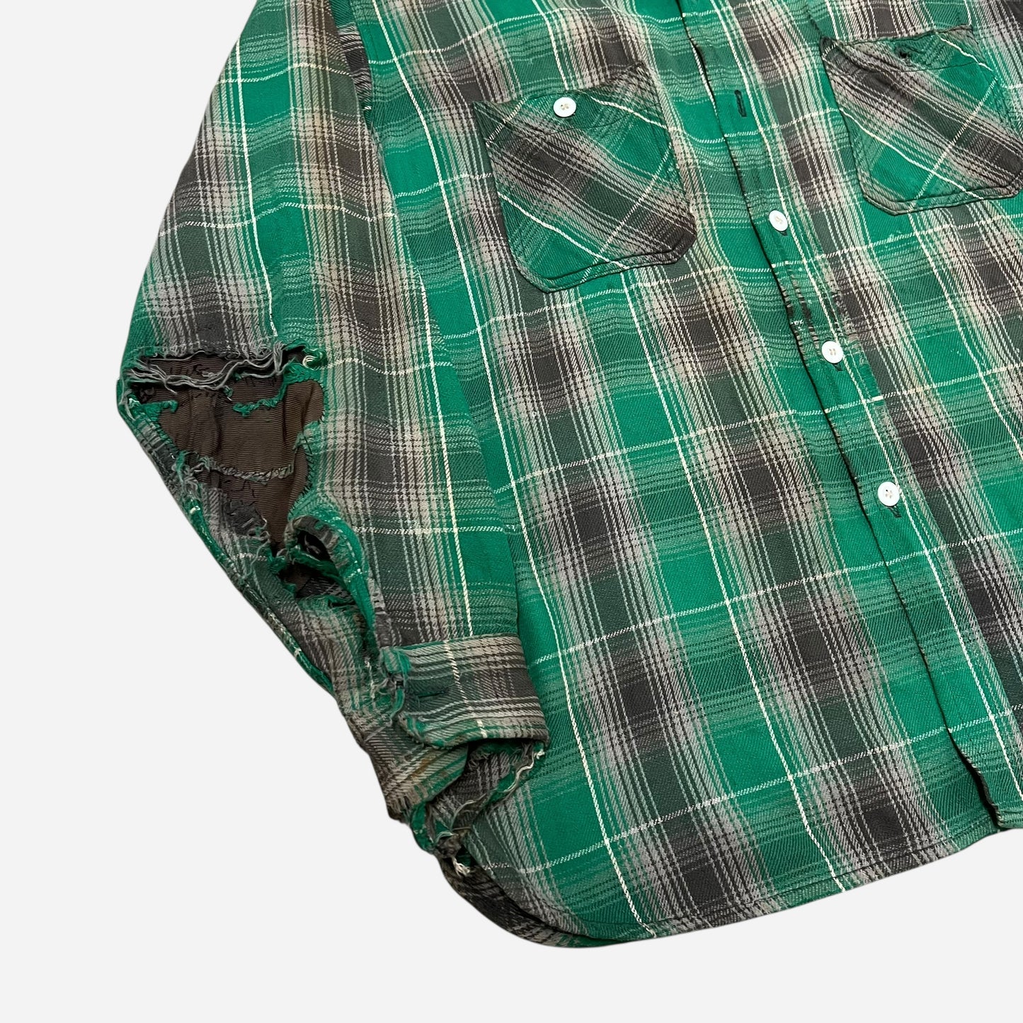 1950s Big Mac green plaid heavy woven cotton repaired flannel (L)