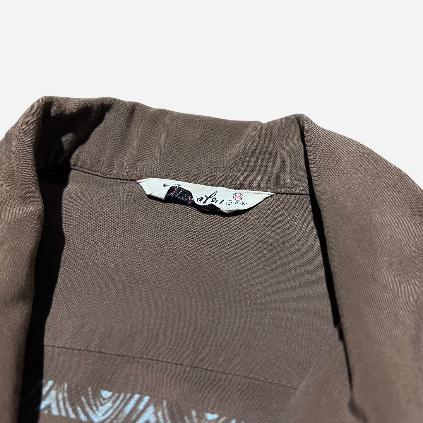 1950s Brown rayon novelty print continental loop collar shirt (M)