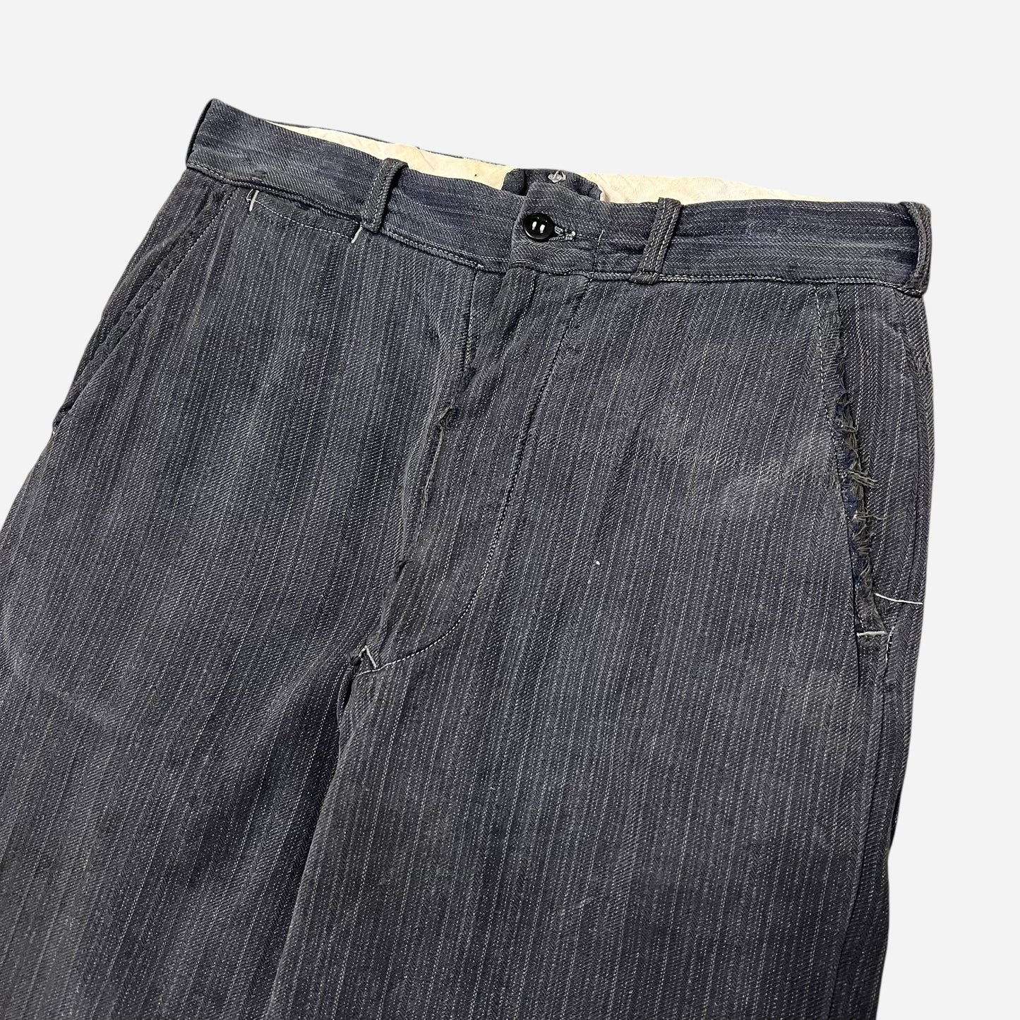 1940s Dark blue heavy cotton striped button fly work pants (28w)
