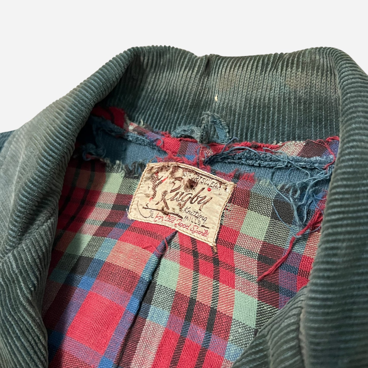 1940s “Rugby” green sun faded corduroy jacket cotton plaid lined (L)