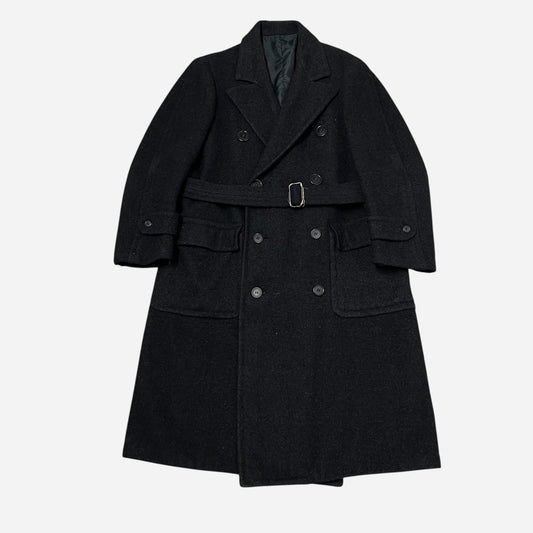 1930s Black double breasted belted wool long overcoat (L/XL)