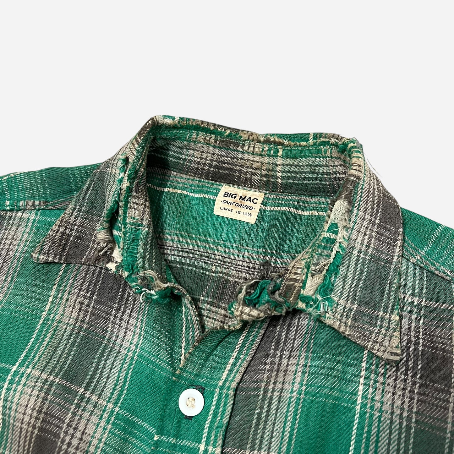 1950s Big Mac green plaid heavy woven cotton repaired flannel (L)