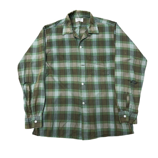 1960s Arrow green shadow plaid cotton loop collar shirt (M)