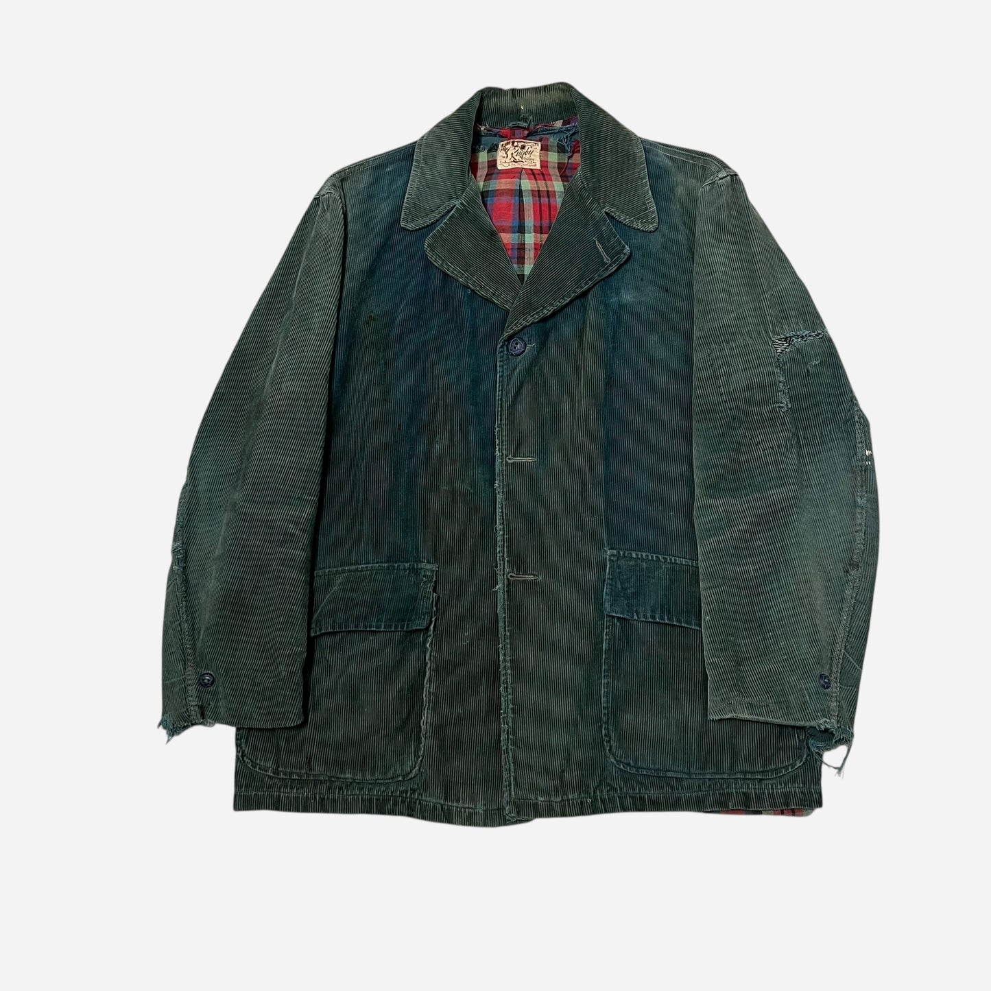 1940s “Rugby” green sun faded corduroy jacket cotton plaid lined (L)