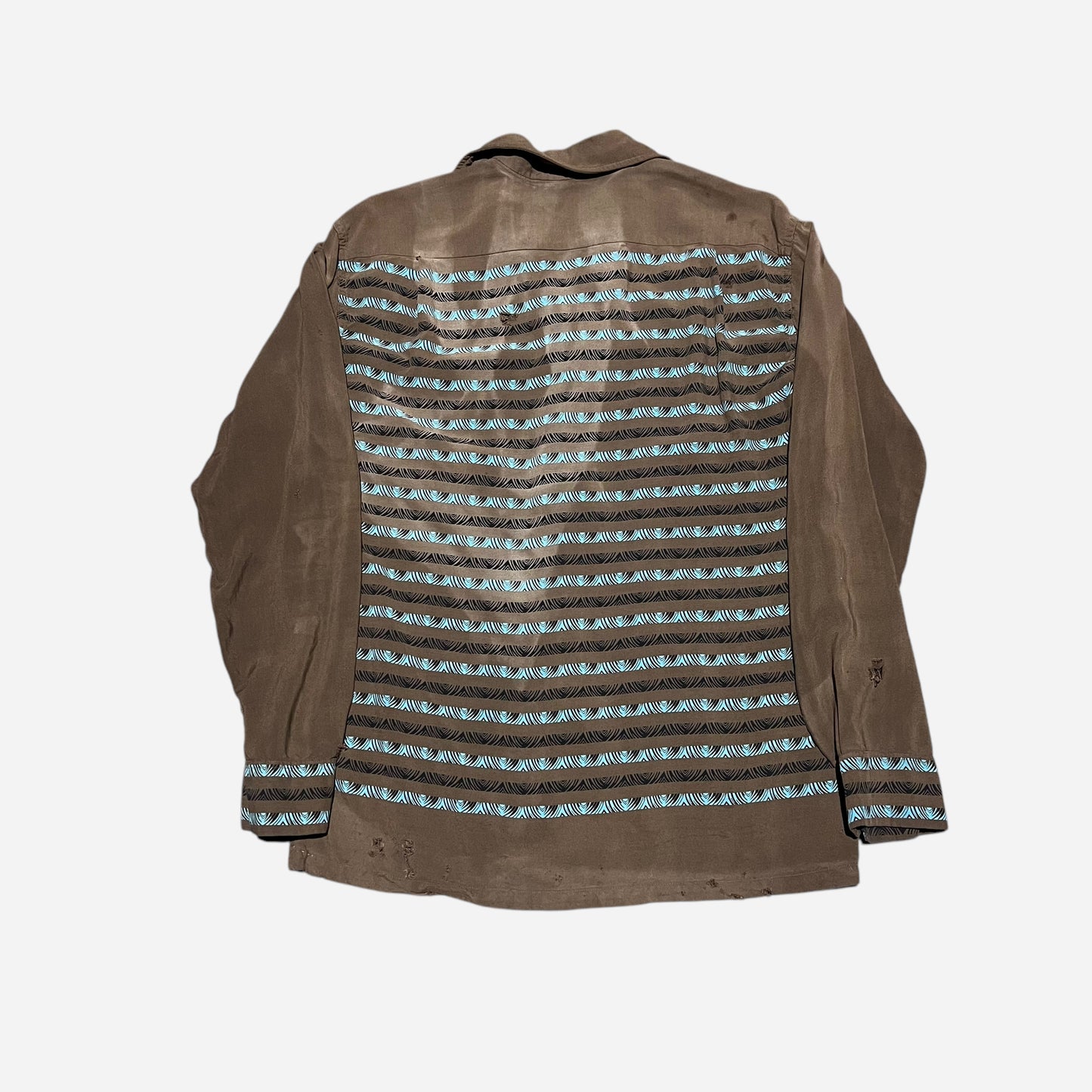 1950s Brown rayon novelty print continental loop collar shirt (M)