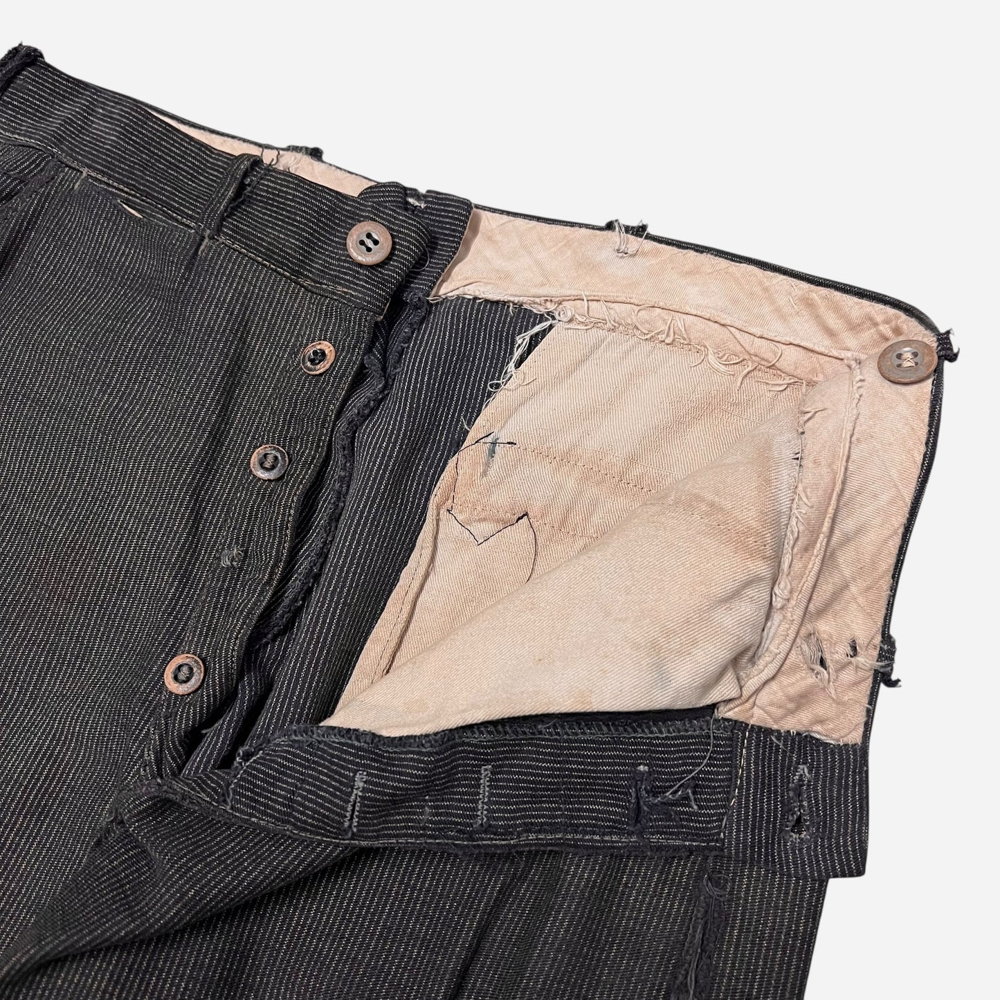 1930s Coltex striped cotton salt & pepper wood button fly repaired work pants (30w)