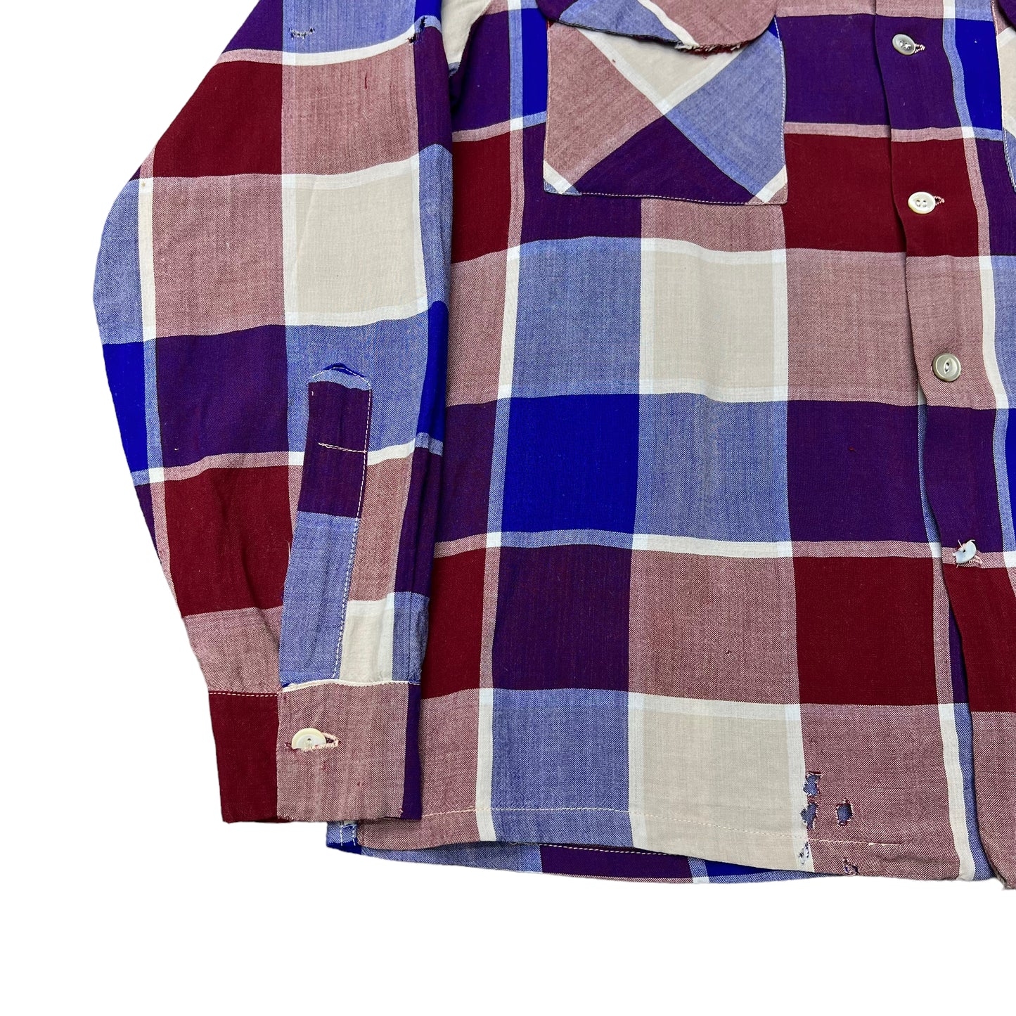 1940s Red & blue box plaid California Sportswear rayon loop collar shirt (M)