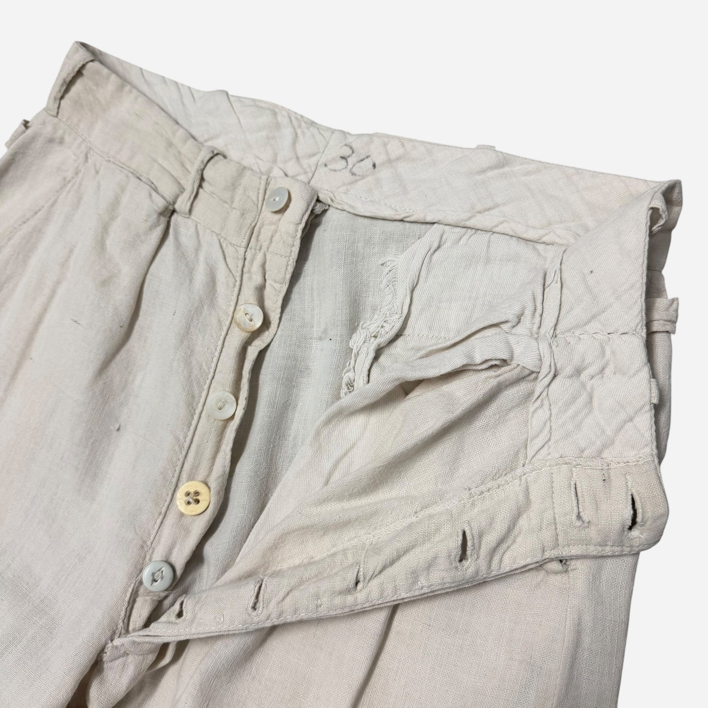 1930s Double button side cinch white cotton summer pants (29w)