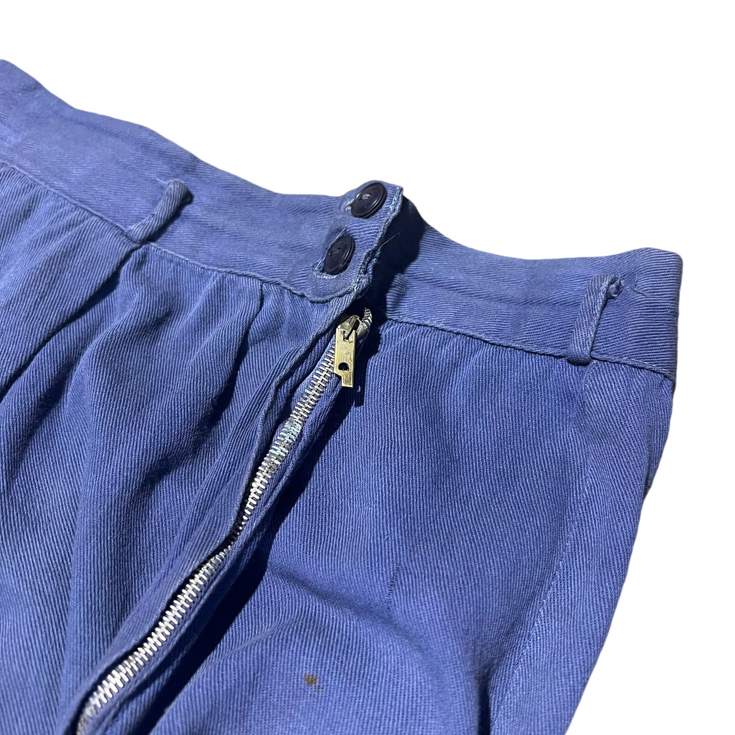 1930s Women’s blue light cotton wide leg side zip pants (26w)