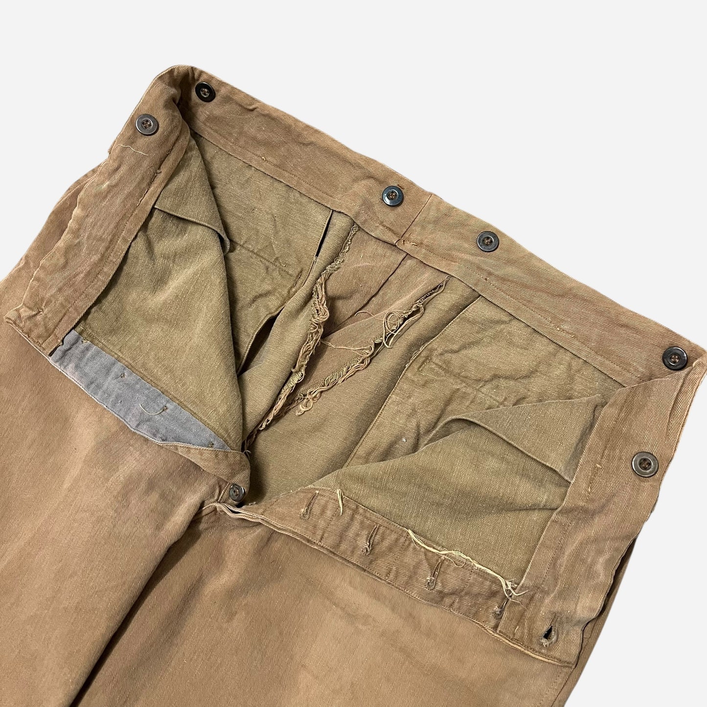 1920s Brown cotton canvas side clasp pants (36w)