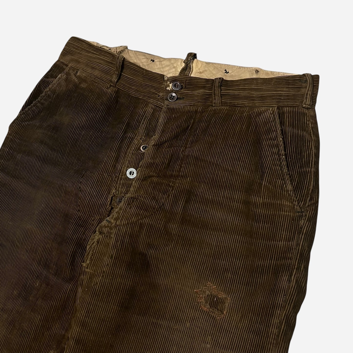 1920s Brown corduroy double button fly heavily repaired pants (32w)