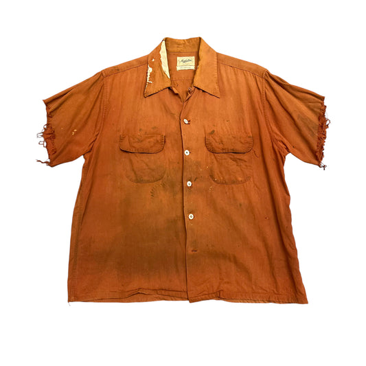 1950s Distressed orange rayon loop collar shirt (L)