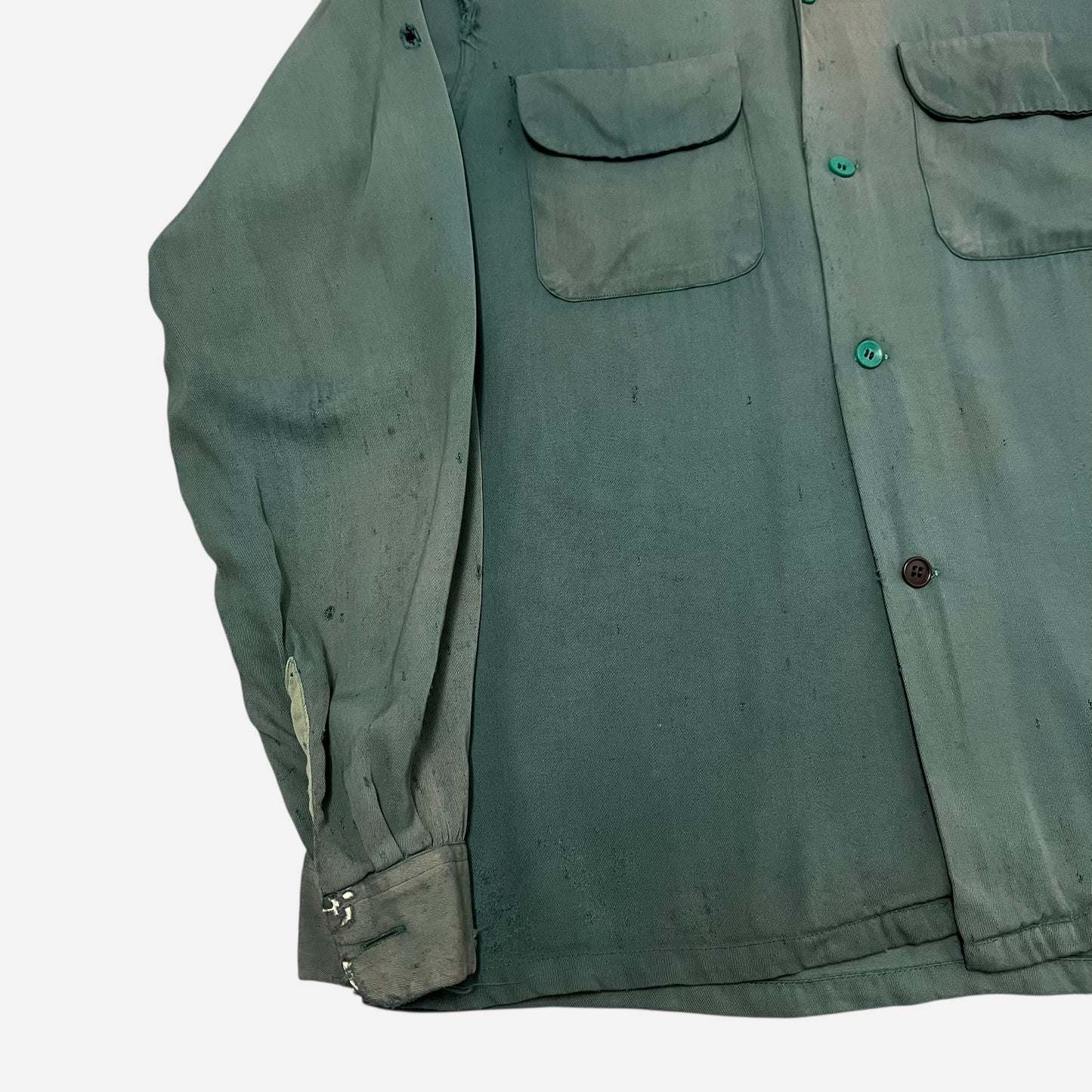 1950s Penneys Towncraft green rayon flap pocket loop collar shirt (M)