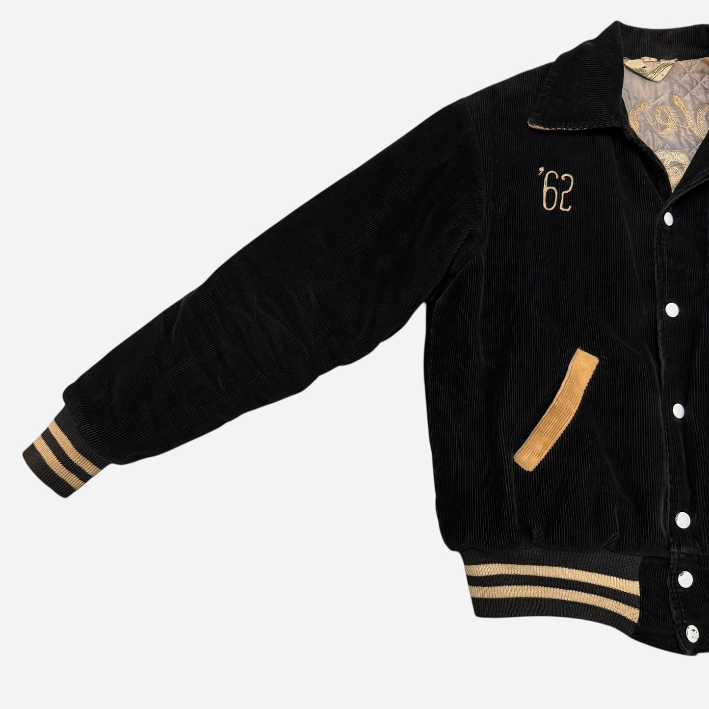 1960s Black corduroy chain stitched embroidered quilt lined jacket (M)