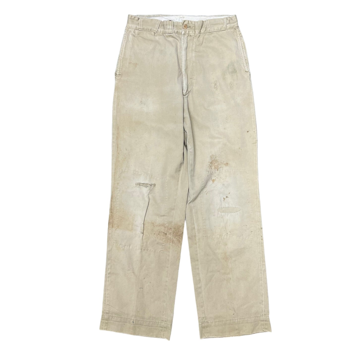 1950s Repaired khaki boat cloth army twill work pants Reeves (30w)