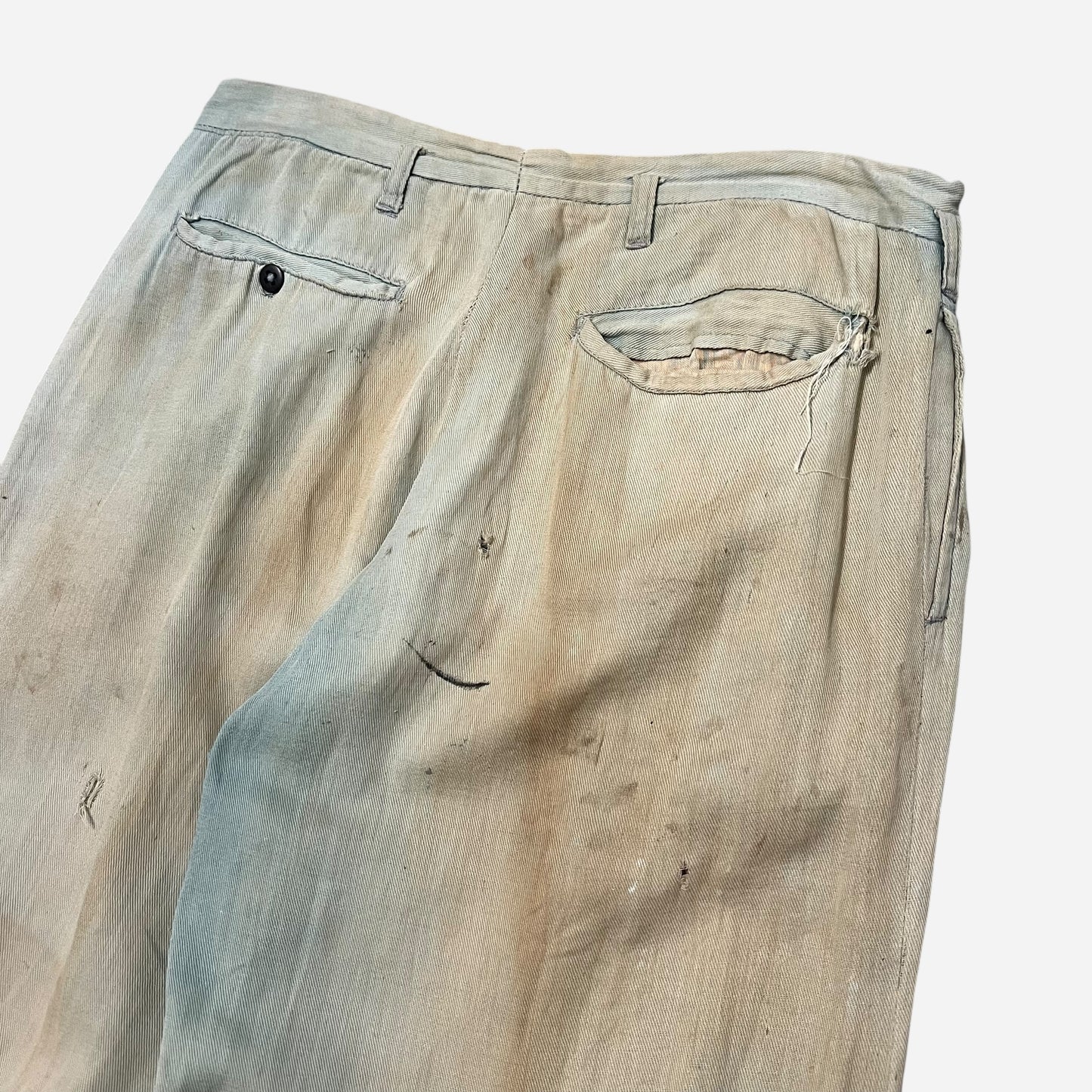 1940s Light cotton paint splatter blue button fly pants (30w)