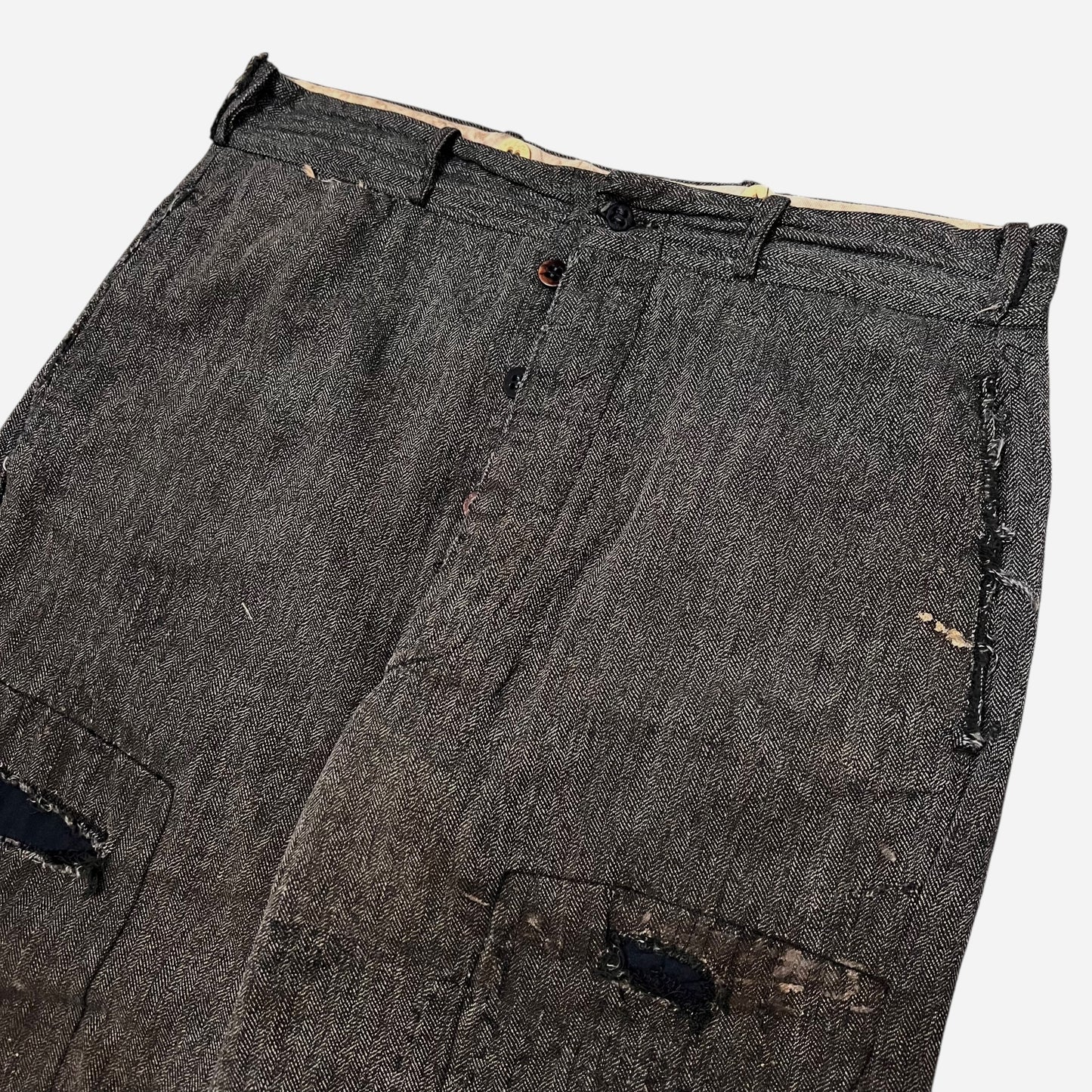 1930s Salt & pepper cotton hbt heavily repaired button fly work pants (30w)