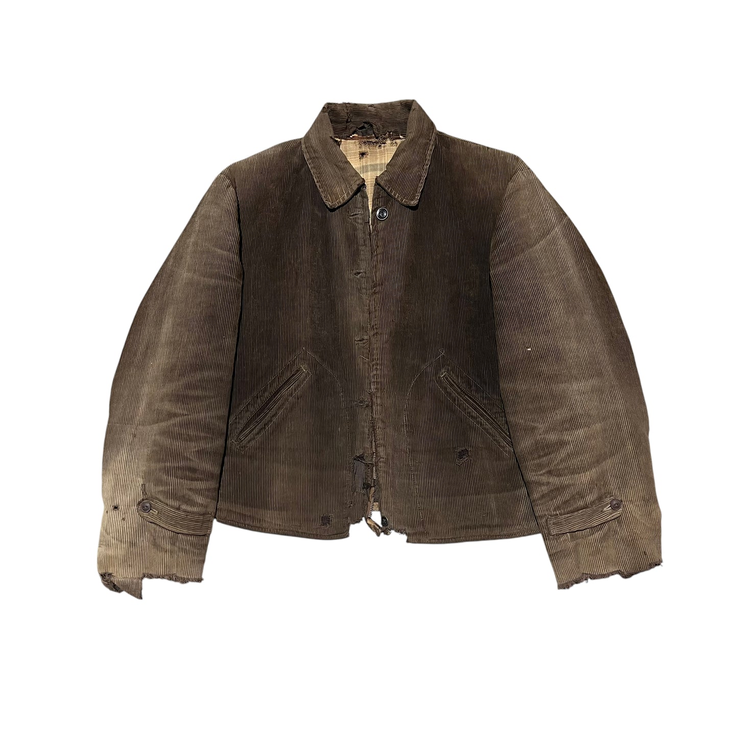 1930s Brown sun faded distressed corduroy half belt work jacket (M)