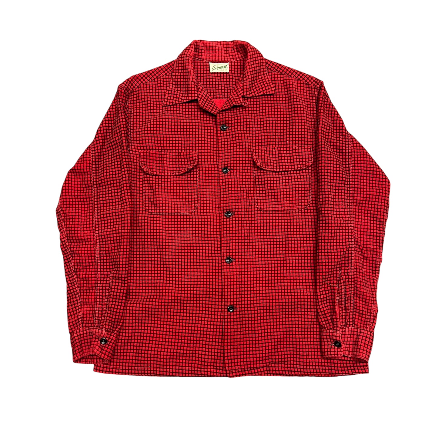 1950s Red plaid cotton printed loop collar shirt flannel (M)