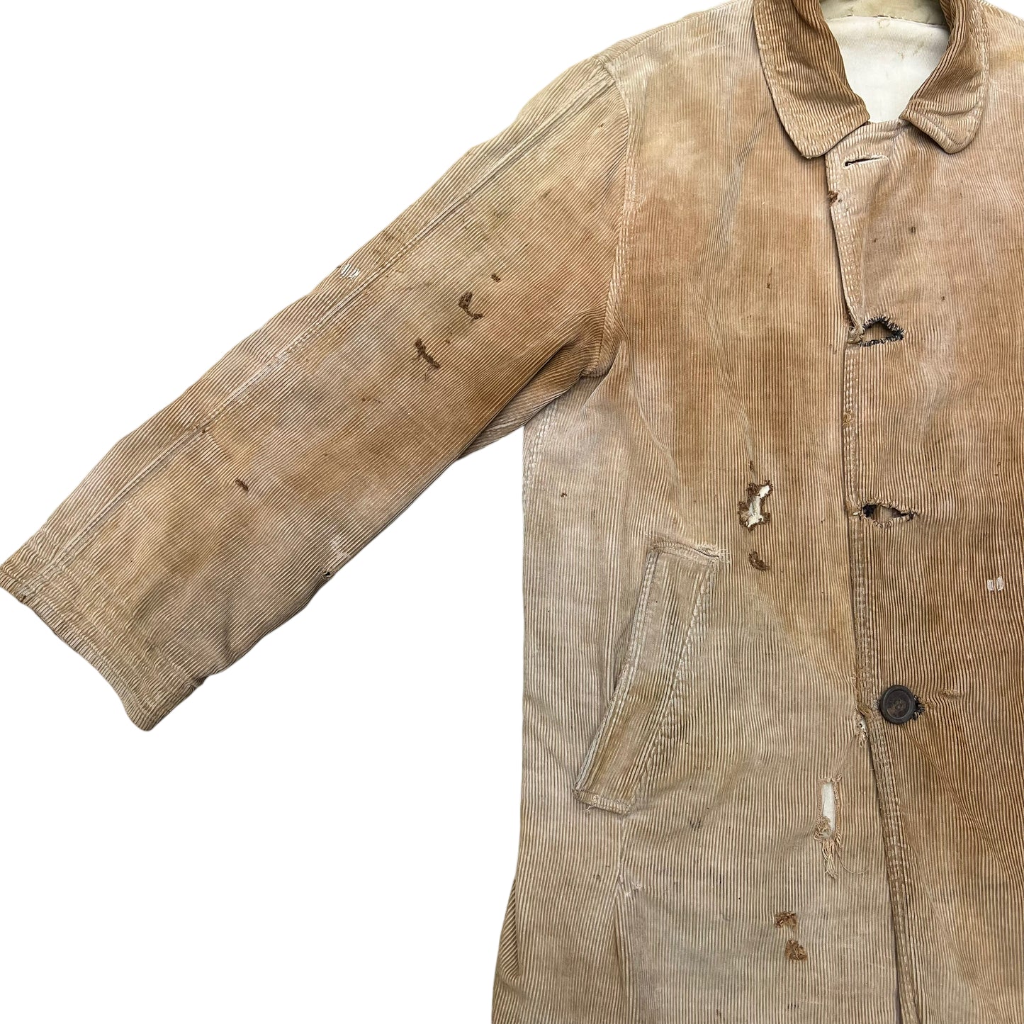 1910s 1920s Distressed & sun faded corduroy/canvas reversible overcoat (L)