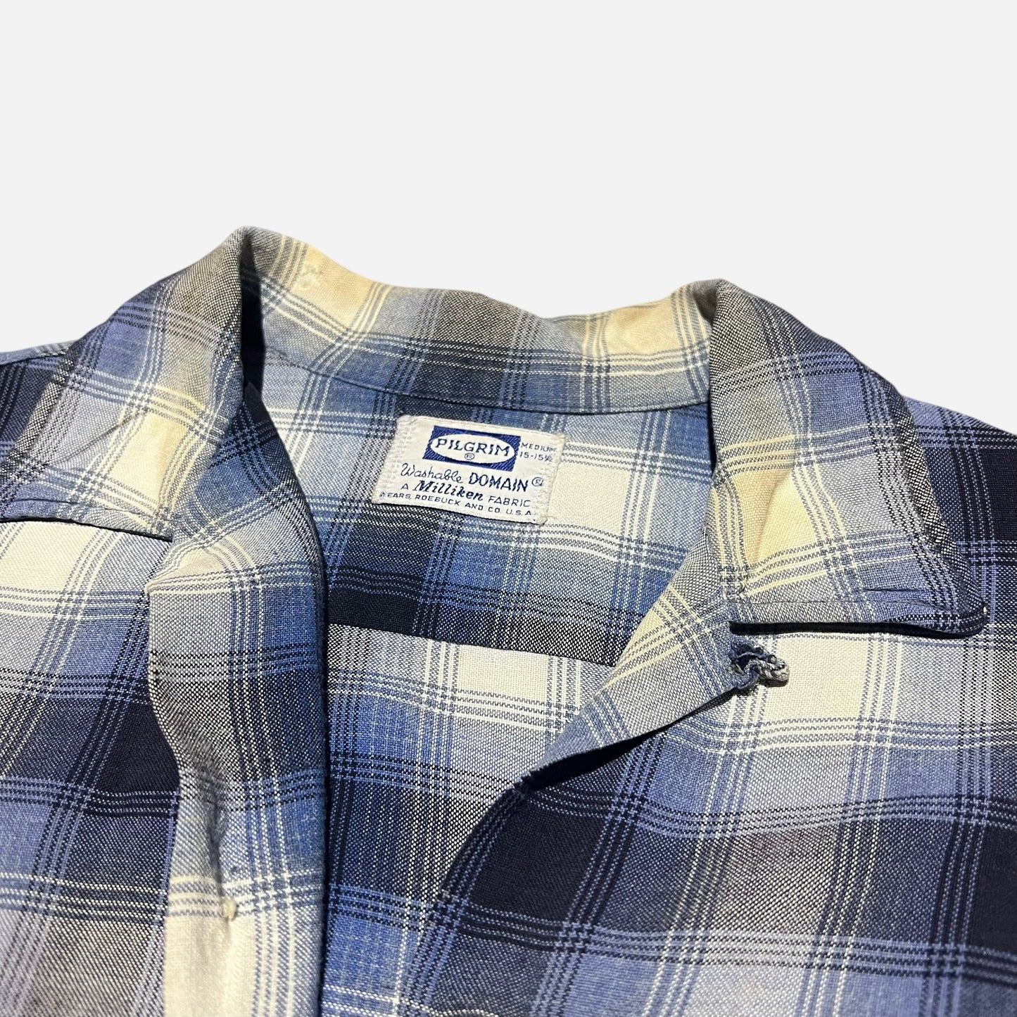 1960s Pilgrim blue shadow plaid rayon loop collar shirt (M)