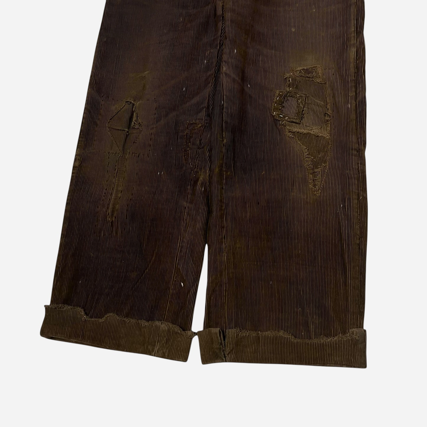 1920s Brown corduroy double button fly heavily repaired pants (32w)