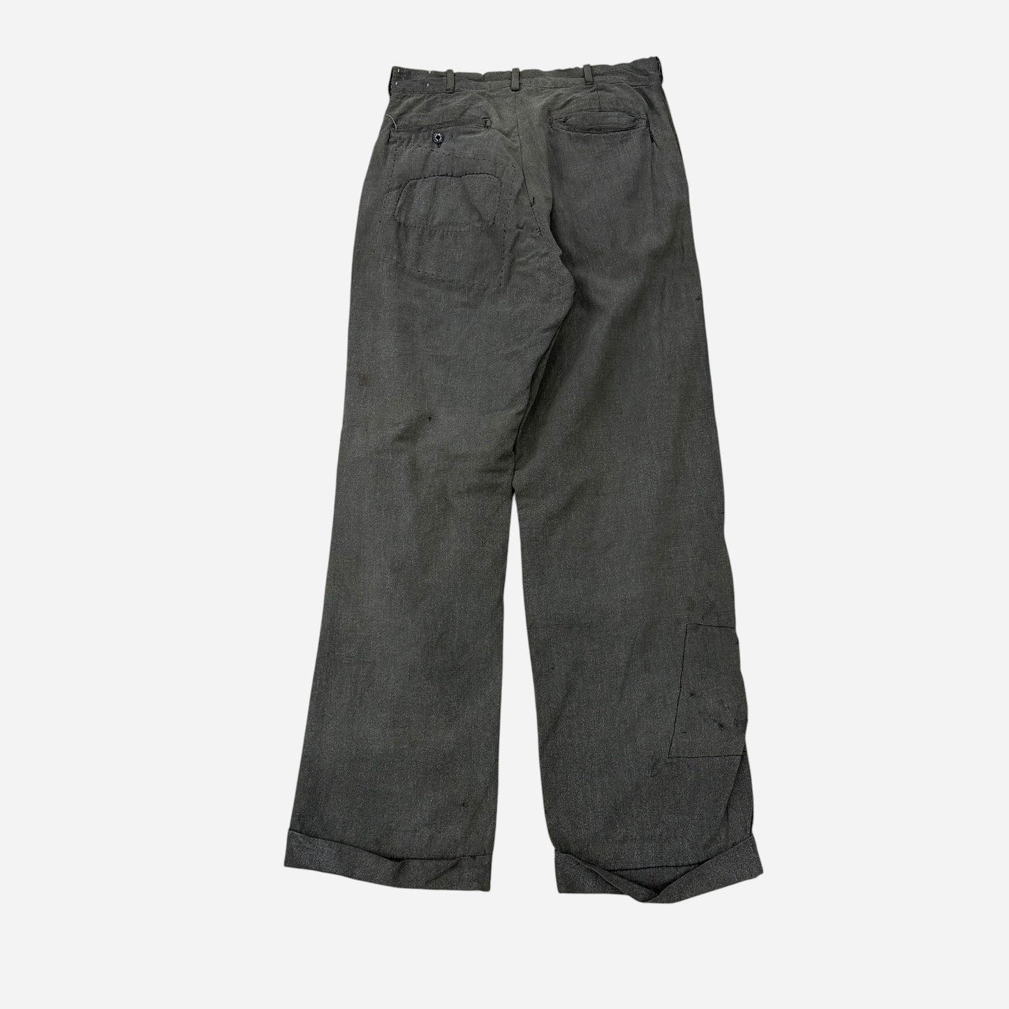 1940s Heavily repaired button fly salt & pepper cotton work pants (30w)