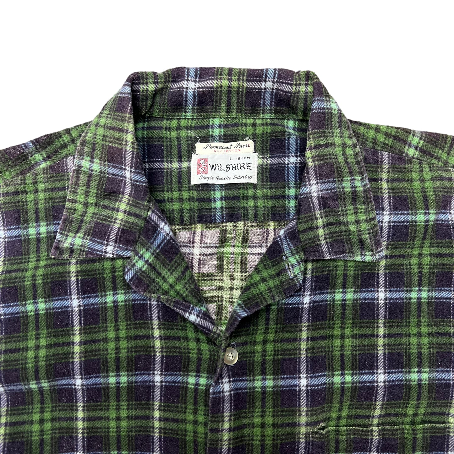 1960s Green cotton printed plaid shirt flannel (L)