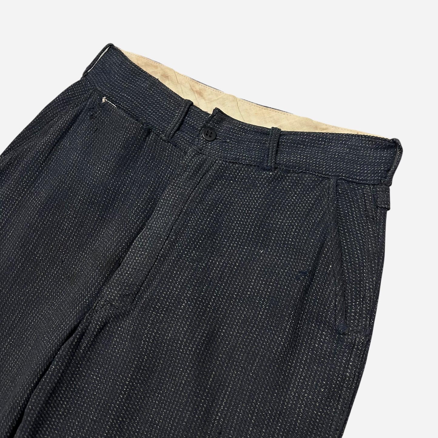 1930s Navy/black side clasp cotton salt & pepper repaired button fly work pants (27w)