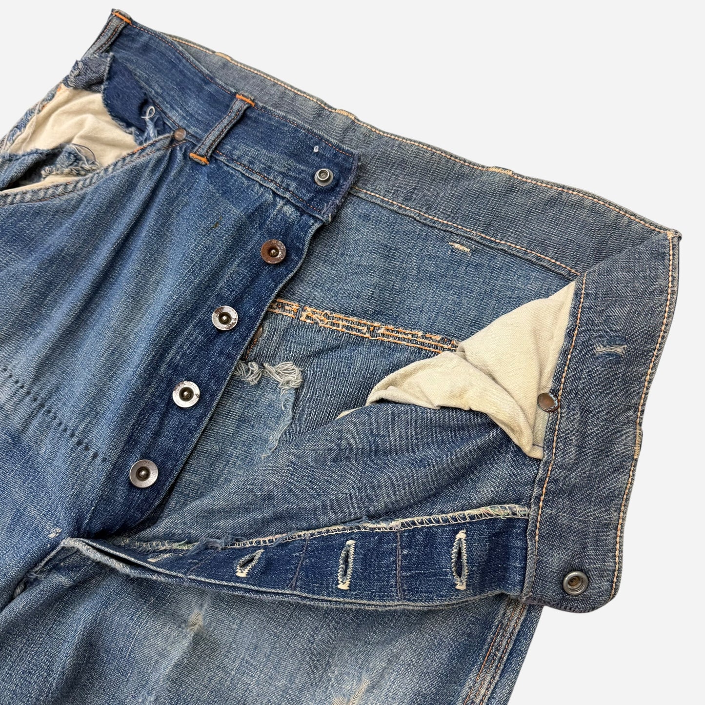 1940s “Red Snap” donut button fly repaired carpenter jeans (29w)