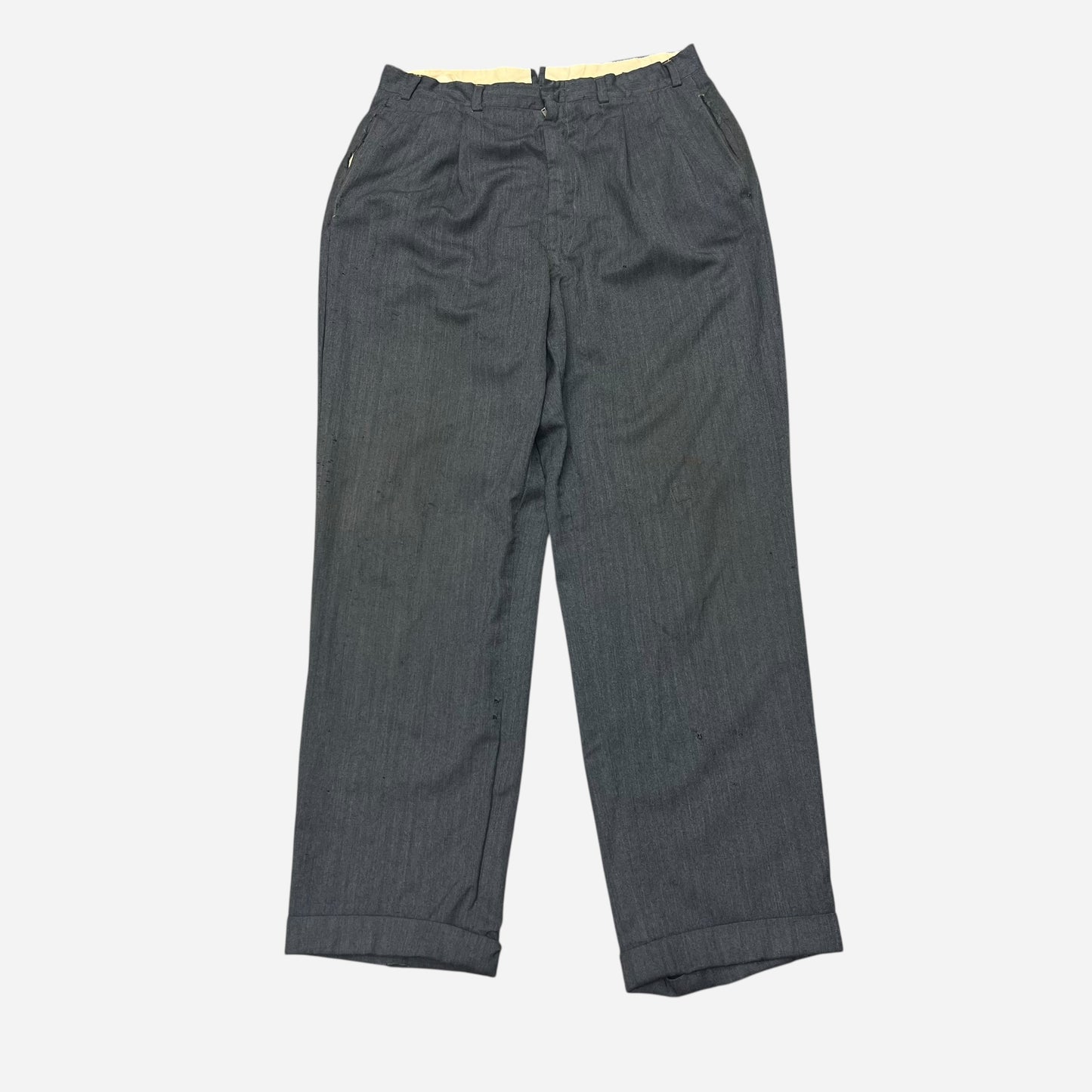 1940s Gray herringbone pleated cotton/wool pants (33w)