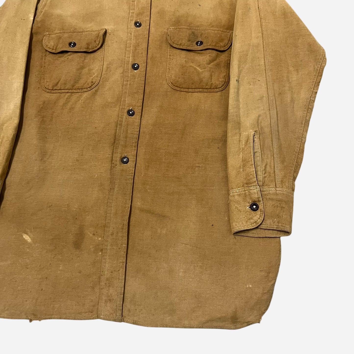 1940s Indestructo tan heavy cotton “suede cloth” work shirt (M/L)