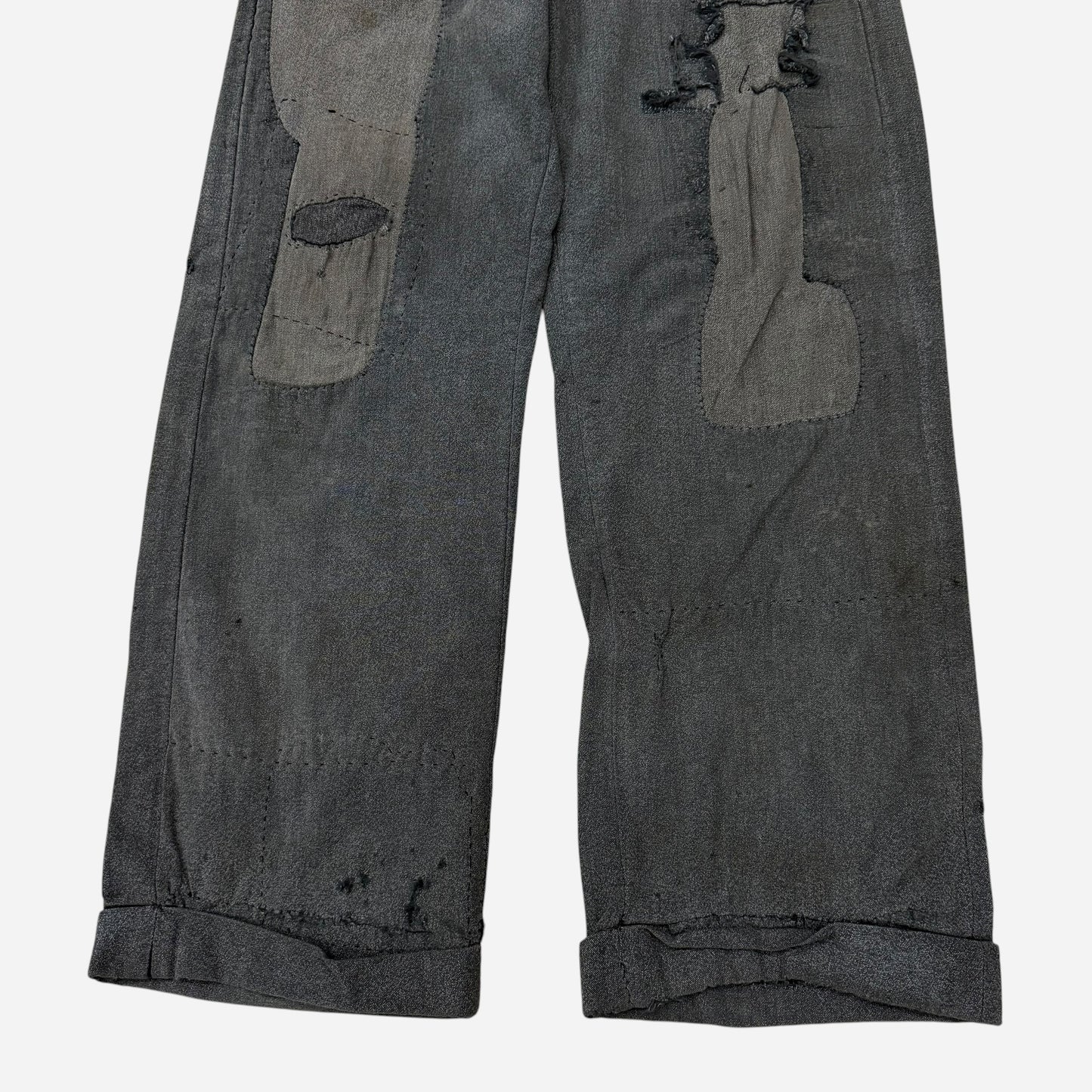 1940s Heavily repaired button fly salt & pepper cotton work pants (30w)