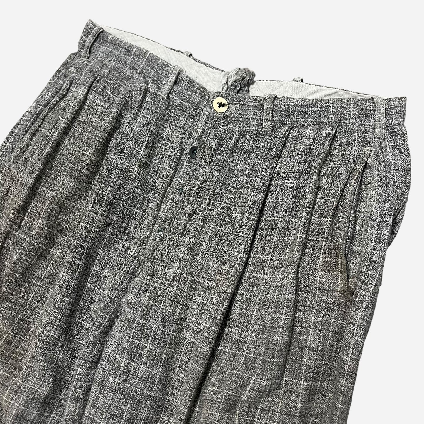 1930s Gray cotton check plaid button fly pants (30w)