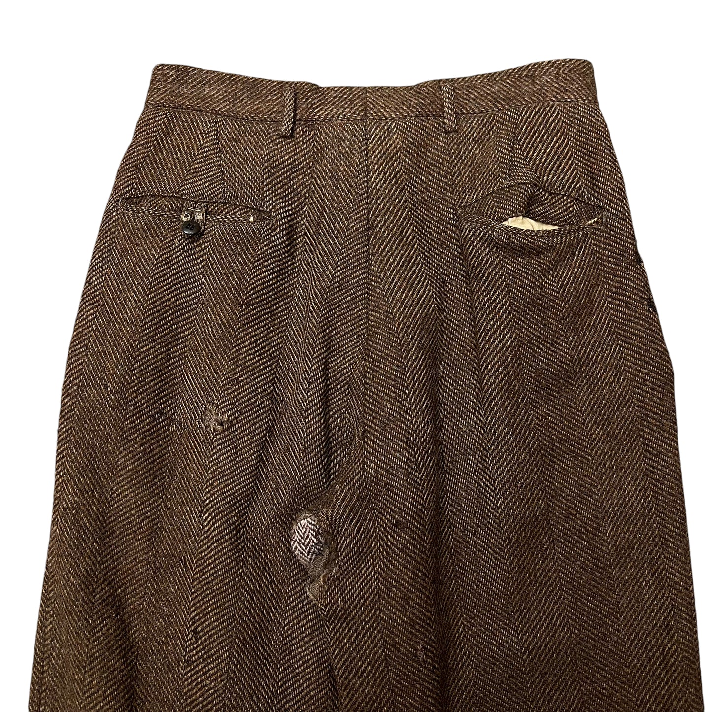 1940s Repaired brown tweed pleated pants trousers (28w)