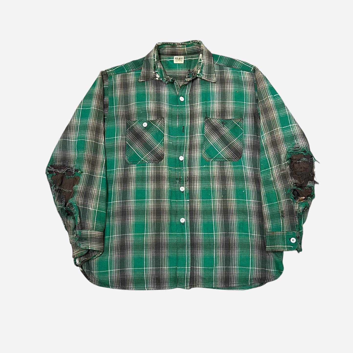 1950s Big Mac green plaid heavy woven cotton repaired flannel (L)