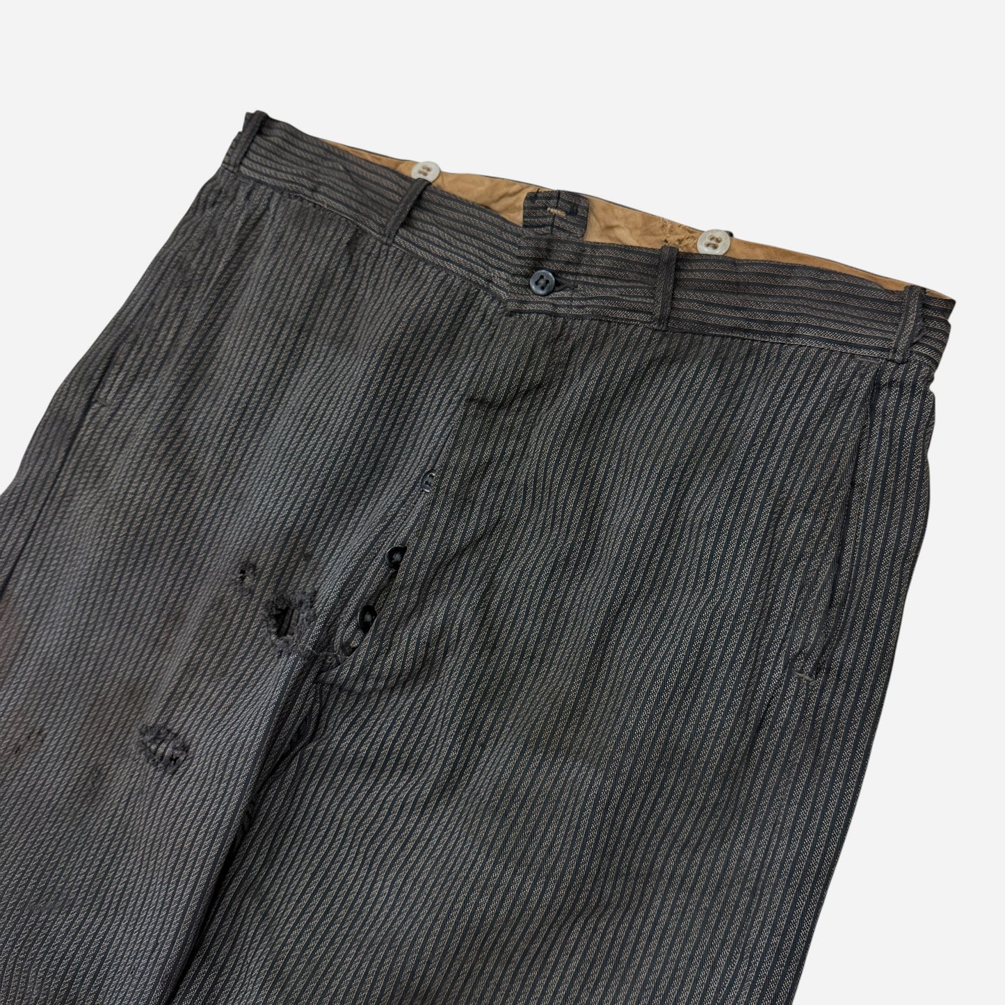 1930s Coltex striped cotton salt & pepper button fly work pants (34w)