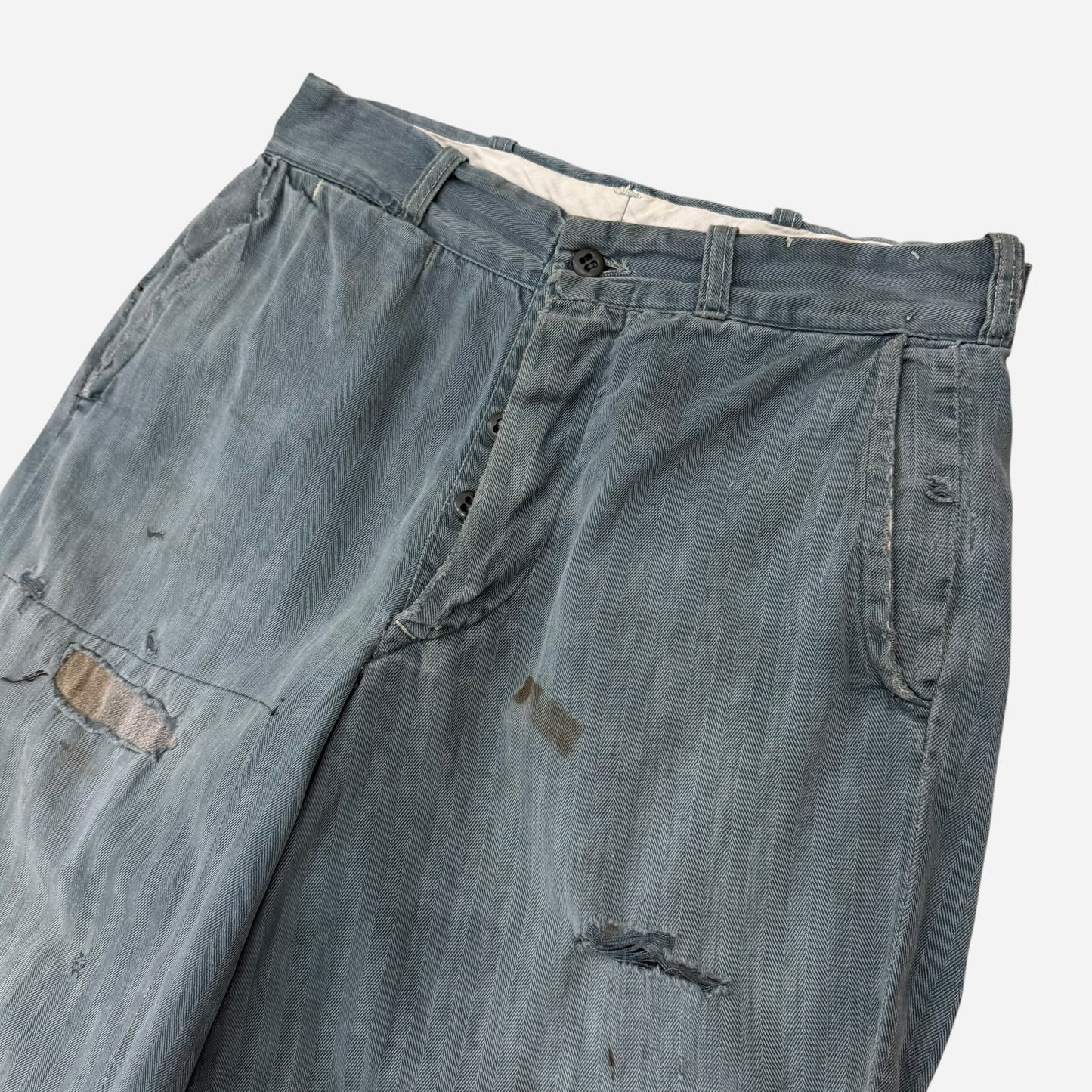 1950s Lee button fly cotton HBT green/blue repaired work pants (28w)