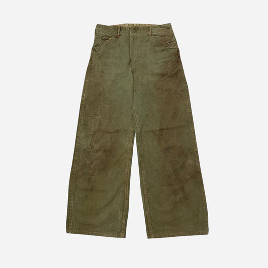 1940s “Ranch Man” green cotton donut button fly crotch rivet work pants (28w)