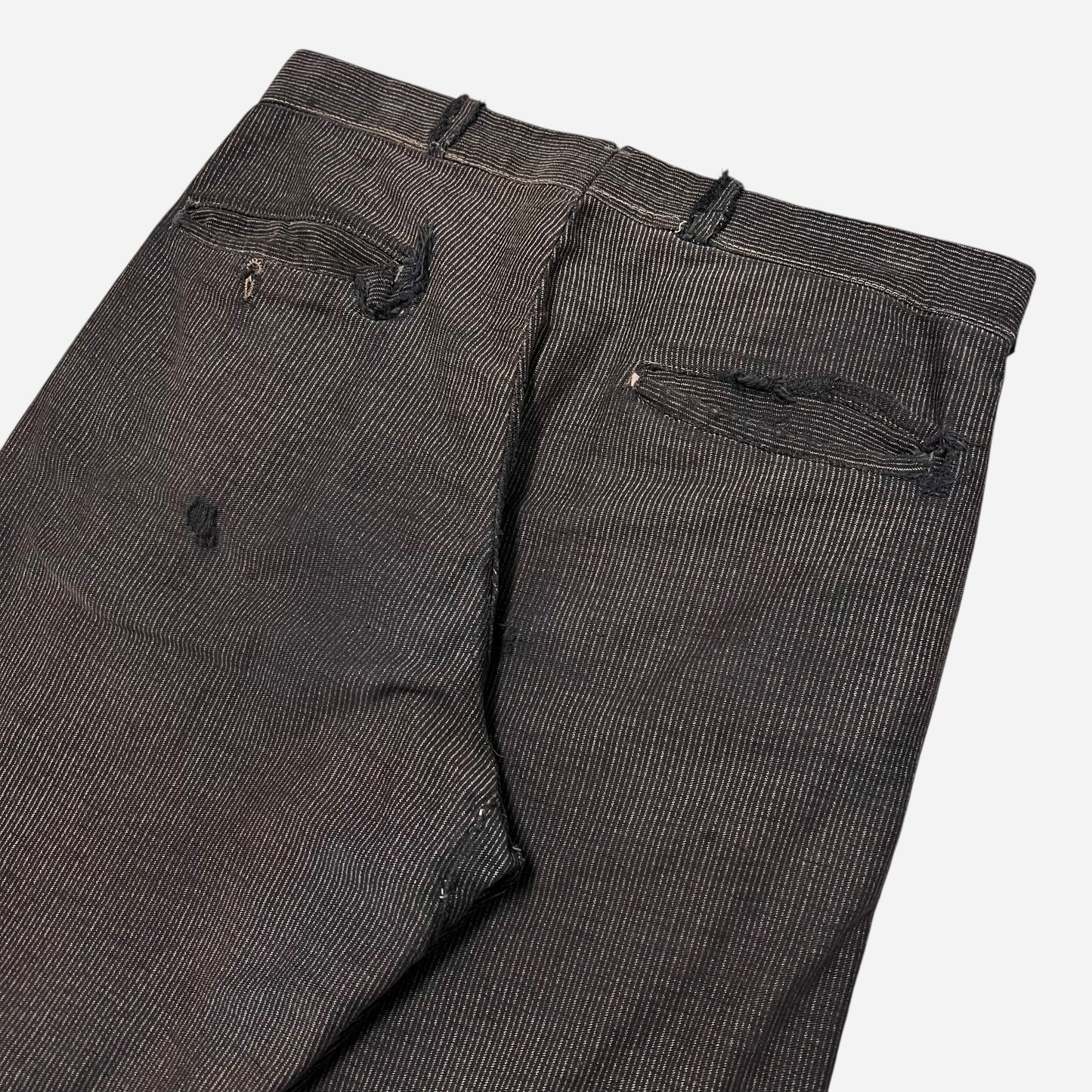 1930s Coltex striped cotton salt & pepper wood button fly repaired work pants (30w)
