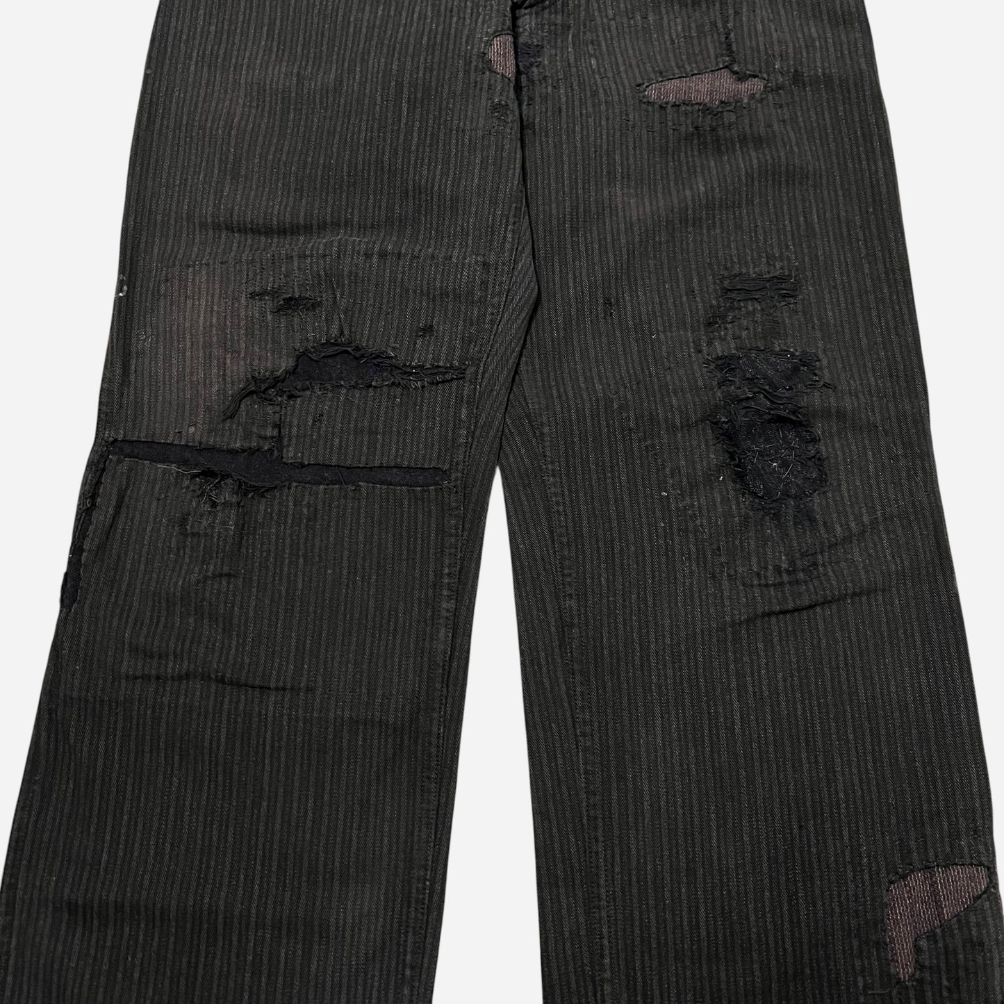 1930s Sweet Orr cotton striped salt & pepper heavily repaired pants (30w)