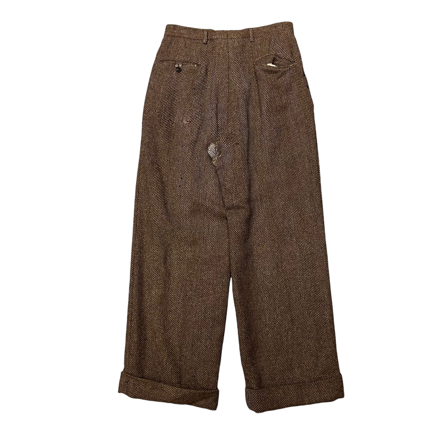 1940s Repaired brown tweed pleated pants trousers (28w)