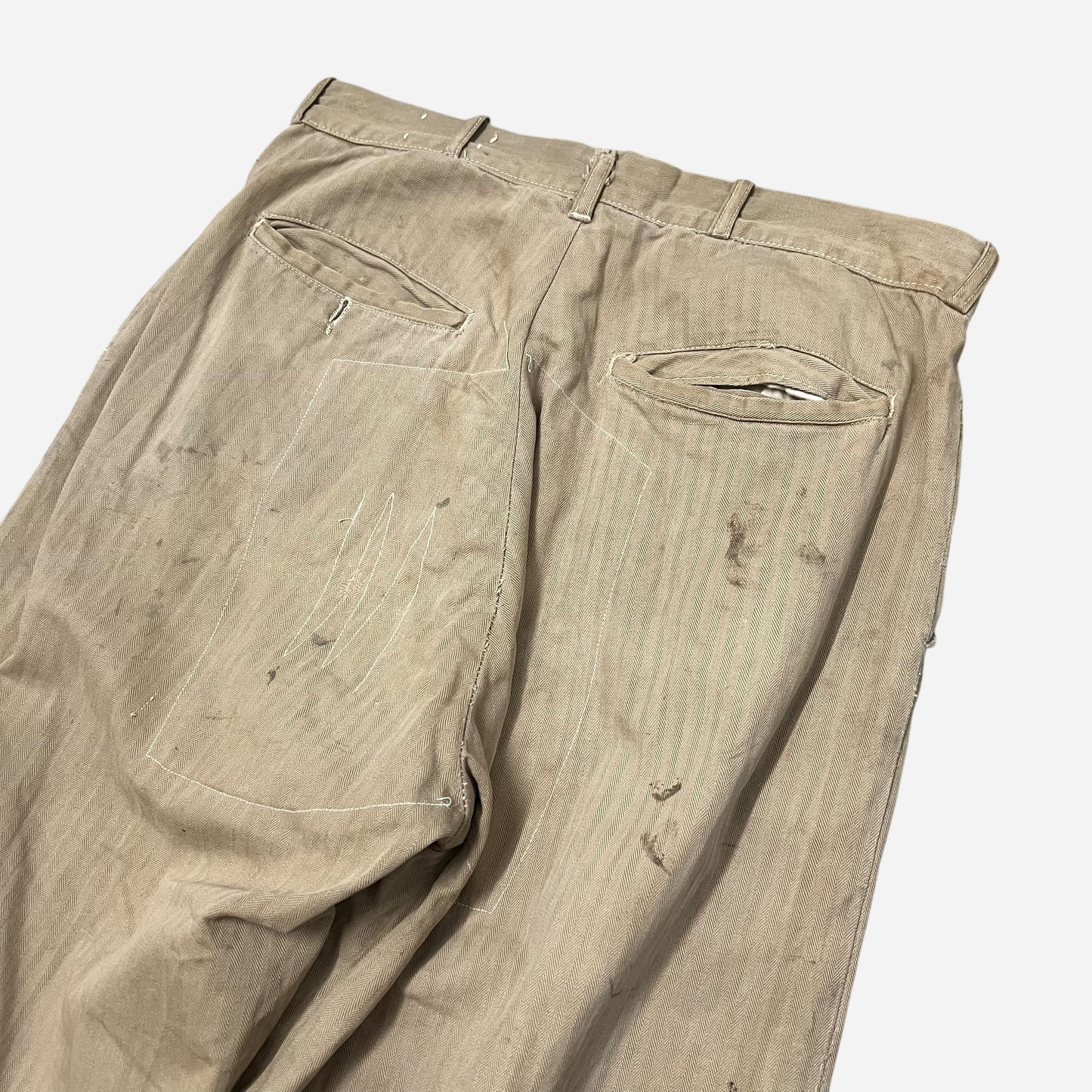 1940s Khaki hbt repaired button fly pants (29w)