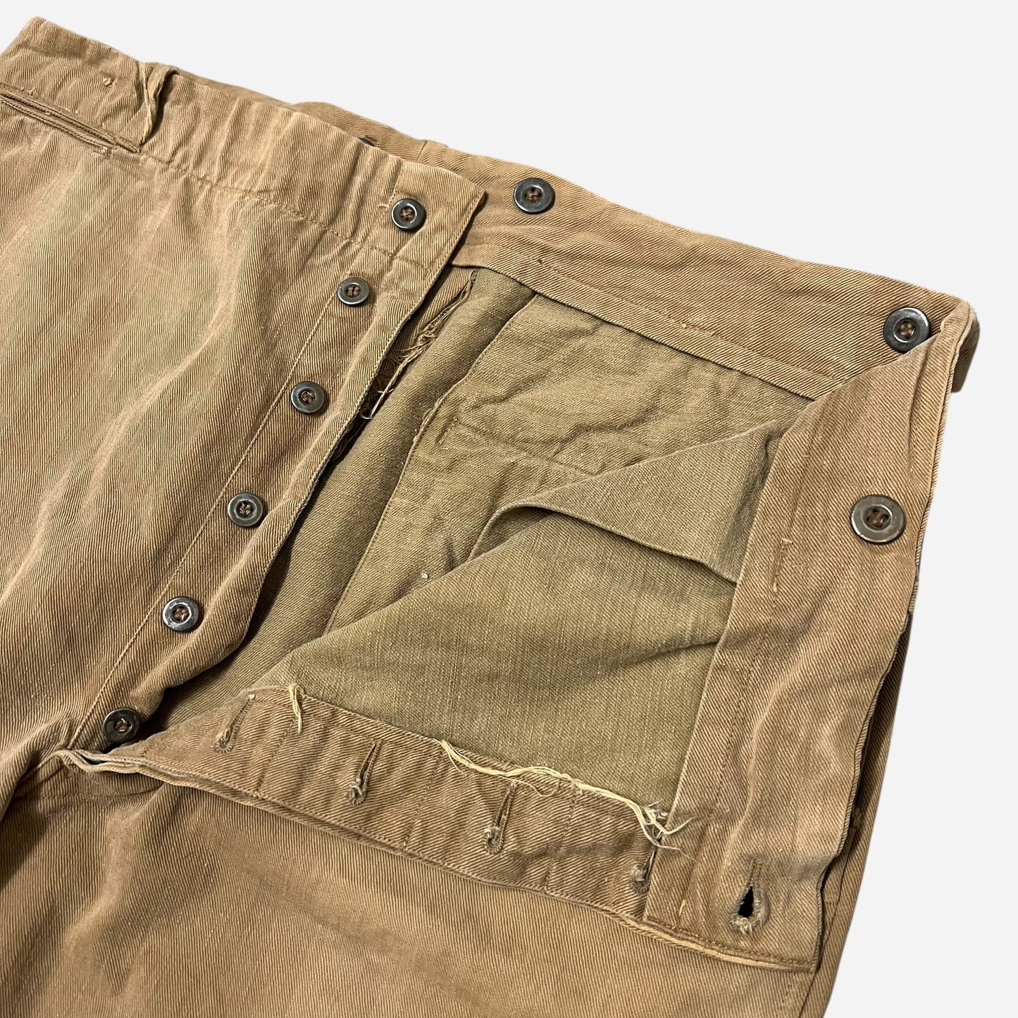 1920s Brown cotton canvas side clasp pants (36w)