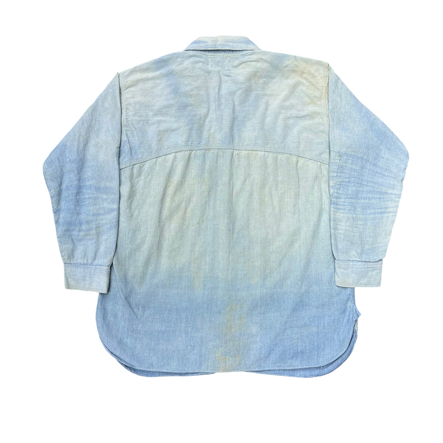 1920s Unknown brand sun faded chinstrap chambray work shirt (L)