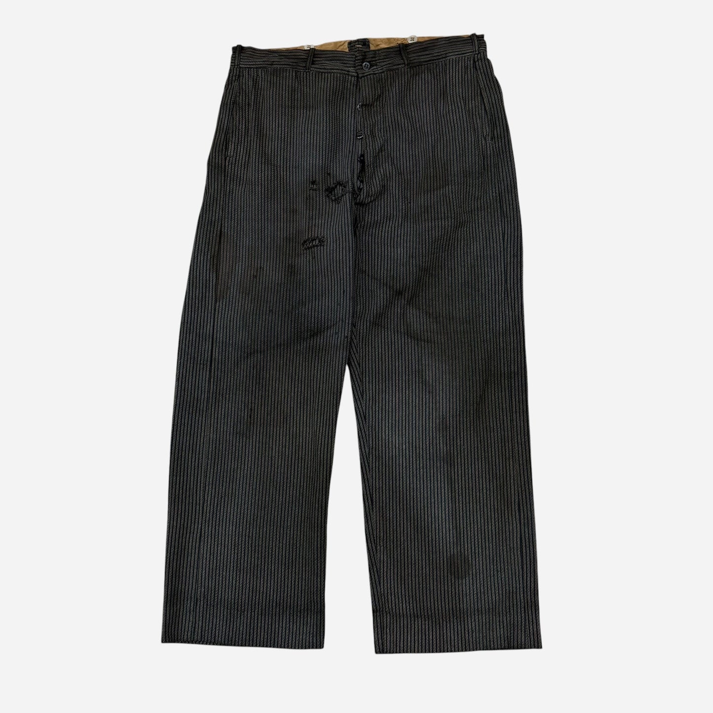 1930s Coltex striped cotton salt & pepper button fly work pants (34w)
