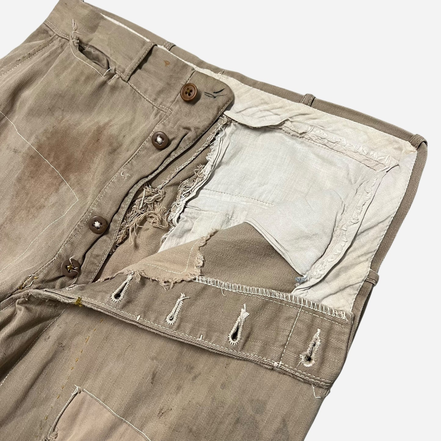 1940s Khaki hbt repaired button fly pants (29w)