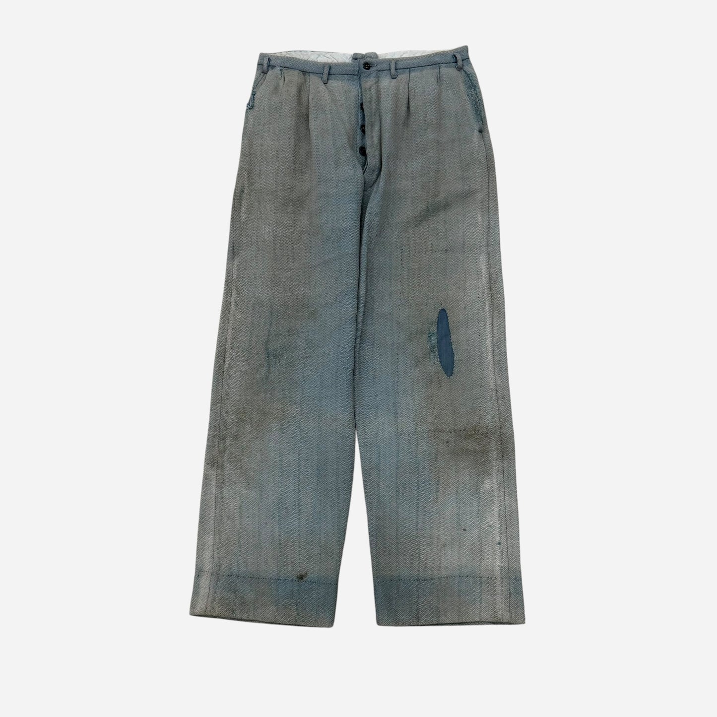 1930s Blue sun faded cotton pleated repaired work pants (31w)