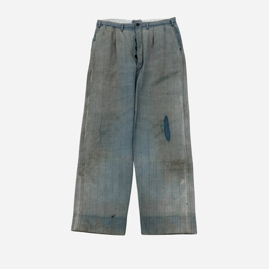 1930s Blue sun faded cotton pleated repaired work pants (31w)