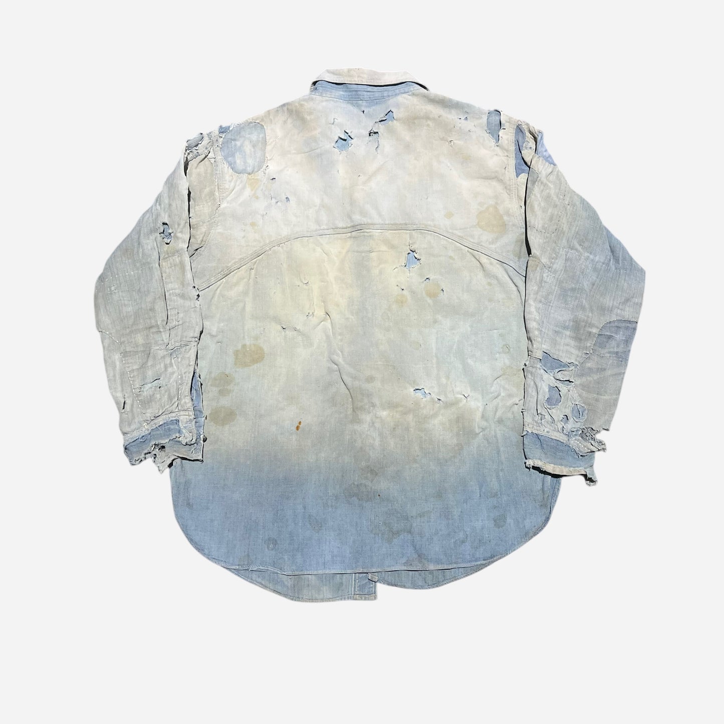 1920s Heavily repaired chinstrap chambray shirt (M/L)